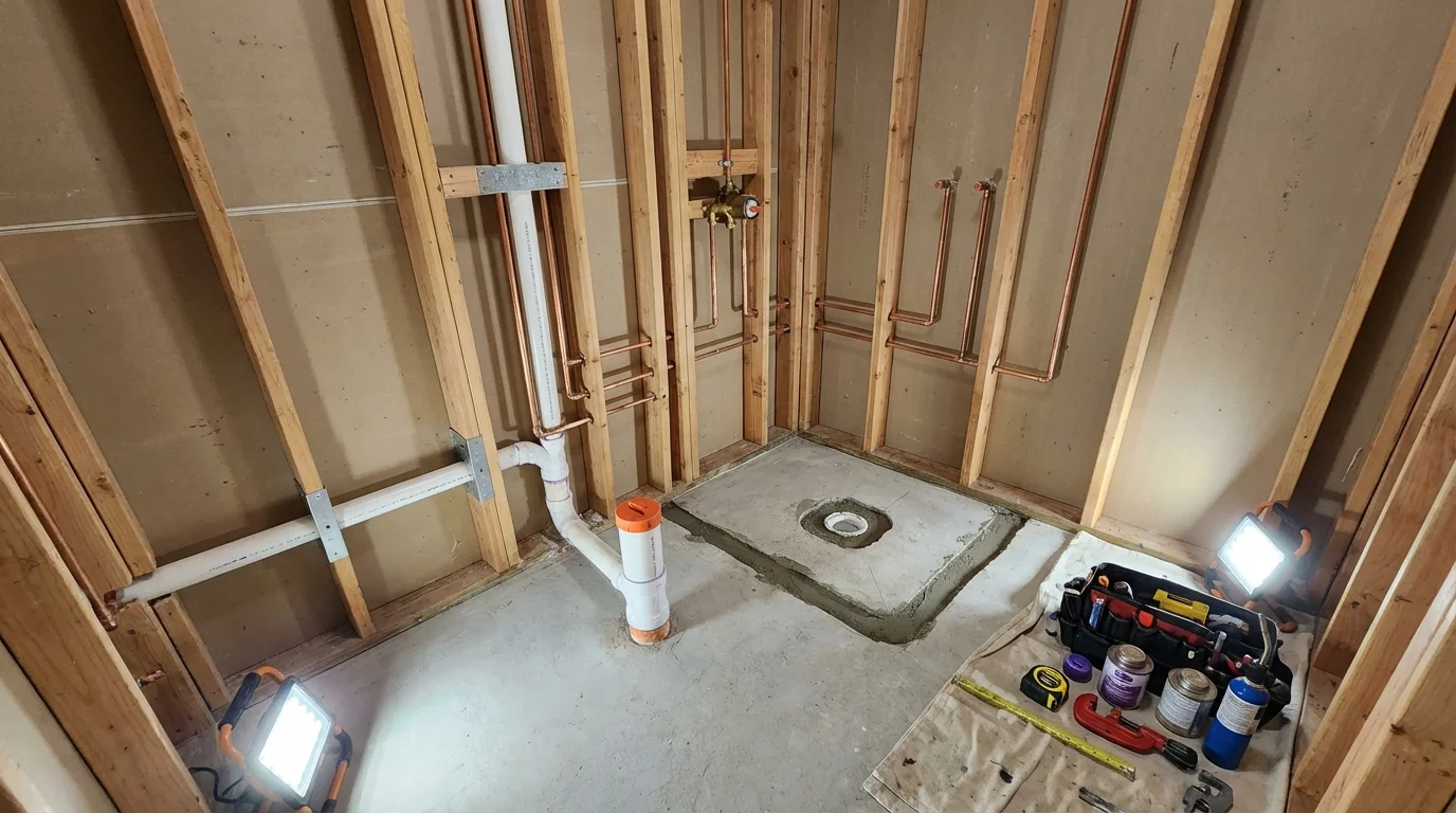 Bathroom rough-in plumbing during remodel by Johns Plumbing LLC in Mechanicville