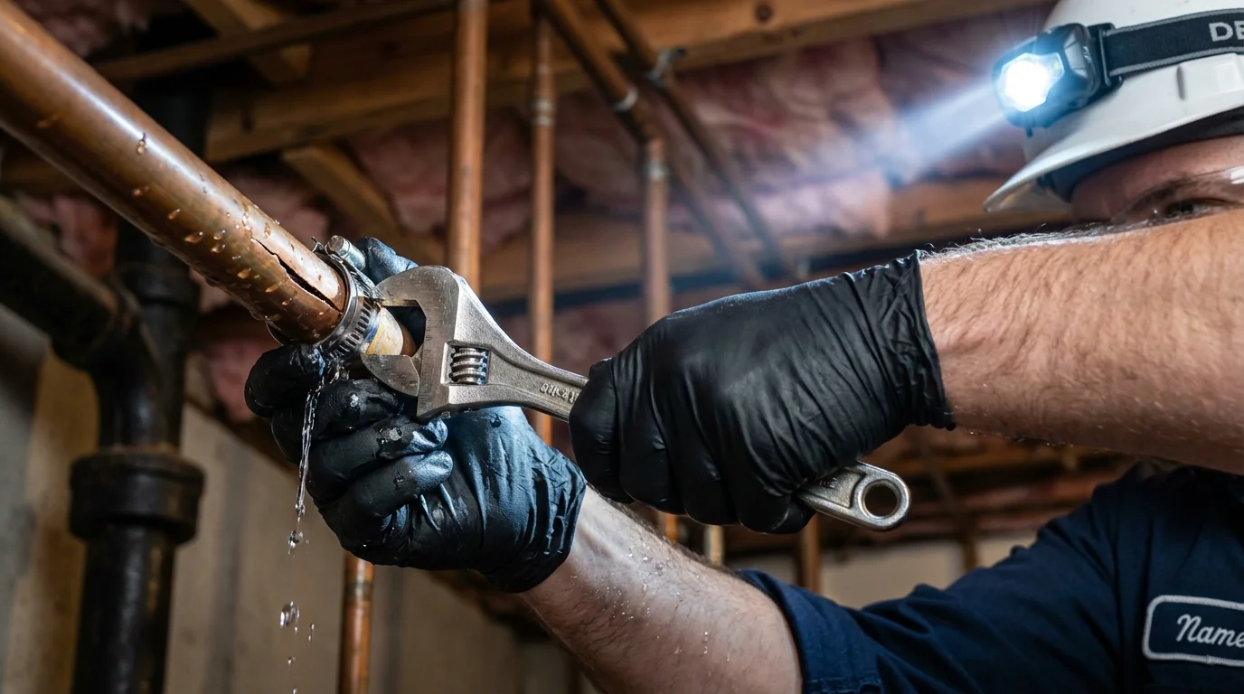 Emergency pipe clamp repair being performed by a Johns Plumbing LLC plumber in Mechanicville
