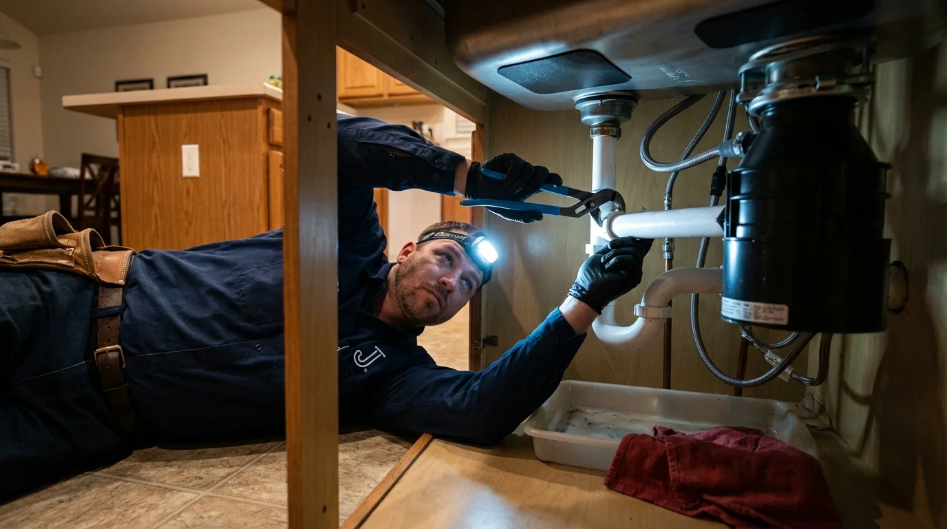 P-trap and supply line connections under a kitchen sink showing a common leak point in Mechanicville, NY
